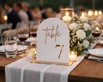 Table Number Wedding Sign: White Acrylic Base, Gold Mirror Numbers | Rustic Boho Decor, Customizable | 5x7 Inches, Includes Stand