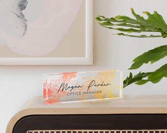 Modern Floral Office Desk Name Plate, Personalized Acrylic Sign, Vibrant UV Print (7" W x 2.5" H, Durable Material, Custom Text)