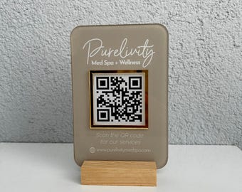 Mini QR Code Acrylic Business Sign - Luxury Social Media Payment Display - Gold Mirror Flower Pattern, Custom Made, Wooden Base