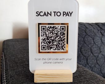 Mini QR Code Acrylic Sign: Luxury Social Media & Payment Display, Gold Mirror Flower Pattern (10x15cm, Wooden Base)
