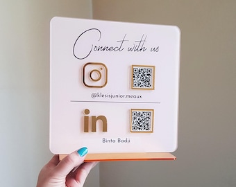 Custom Acrylic Multi QR Code Business Sign, Social Media Payment Display (21x21 cm, Gold Mirror Pattern, Clear 3mm Acrylic)