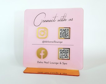 Luxury Acrylic QR Code Sign Social Media Display, Gold Mirror Accent (8.2x8.2 Inch, 3mm Clear Acrylic, UV Print)