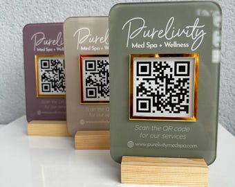 Custom Acrylic QR Code Business Sign - Luxury Social Media Display, Gold Mirror Flower Pattern, Clear Acrylic, Wooden Base Holder