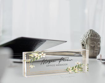 Desk Name Plate Personalized Acrylic Sign, Floral Design (7x2.5 Inches, UV Printed, Durable Acrylic Gift)