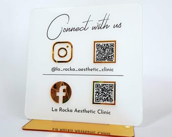 Acrylic QR Code Business Sign Custom Plaque, Gold Mirror Accent (21x21cm, Clear Durable Acrylic, Two Link QR Codes)
