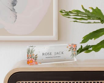Custom Acrylic Desk Name Plate: Personalized Floral Office Sign, Bright UV Print (Clear Acrylic, 7x2.5 Inches)
