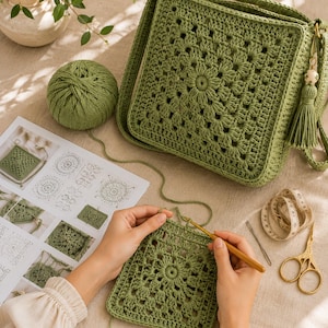 May include: A sage green crochet bag featuring a square granny motif, a matching yarn ball, and a decorative tassel. A crochet hook is used to work on a square piece, with a printed pattern sheet, a measuring tape, and gold scissors nearby.