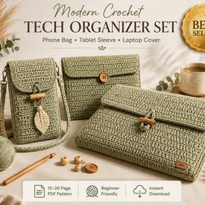 Modern Crochet Tech Organizer Set Pattern | Phone Bag, Tablet, Laptop Covers (PDF Download)