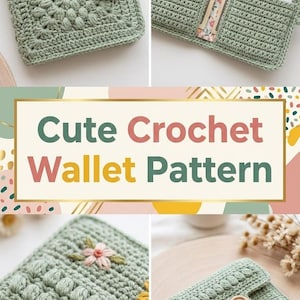 May include: A sage green crochet wallet featuring a textured puff stitch square pattern, a wooden button closure, and internal card slots. The wallet includes a daisy charm and is displayed with the text Cute Crochet Wallet Pattern.