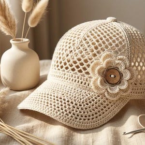 May include: A beige crochet baseball cap featuring an open-knit pattern and a decorative flower appliqué on the side. The flower is centred with a round, dark brown wooden button. The cap has a structured brim and a matching crochet texture.