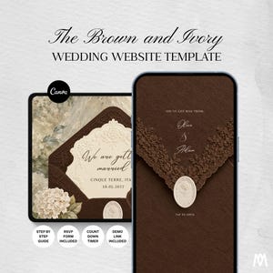 Può includere: Un modello di sito web per matrimoni digitale nei toni del marrone e dell'avorio. Il design mostra una busta con dettagli in pizzo e un sigillo in cera. Il testo include The Brown and Ivory WEDDING WEBSITE TEMPLATE, We are getting married, CINQUE TERRE, ITALY, 16.05.2027, YOU'VE GOT MAIL FROM, Olive & Adam e TAP TO OPEN.