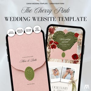 Op de afbeelding: Een digitale trouwwebsite-sjabloon weergegeven op twee smartphones. Het scherm toont een roze envelopontwerp met een groen waszegel, de tekst A LOVE LETTER FROM Marc & Bella, en een tweede scherm met een groen hart en rode klaprozen.