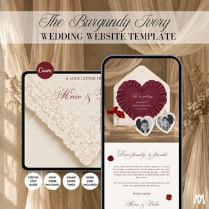 May include: A digital wedding website template titled The Burgundy Ivory Wedding Website Template, featuring a burgundy heart-shaped accent, a silver heart locket with two photos, and ivory lace details. Includes text sections for wedding details.