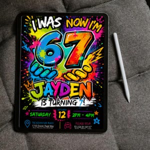Six Seven Meme Birthday Invitation, 7th birthday invite boy, I Was 6 Now I’m 7 birthday invite, Retro gaming style, Canva Editable