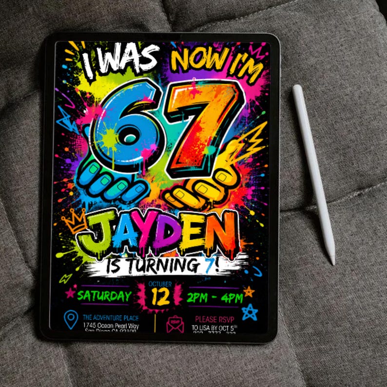 Six Seven Meme Birthday Invitation, 7th birthday invite boy, I Was 6 Now I’m 7 birthday invite, Retro gaming style, Canva Editable