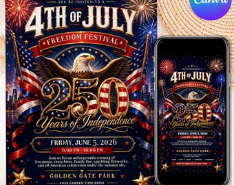 May include: A 4th of July Freedom Festival event flyer featuring a bald eagle, American flags, and the text 250 Years of Independence. The flyer displays the date Friday, June 5, 2026, 6:00 PM - 10:00 PM at Golden Gate Park, Seattle, WA 98101.
