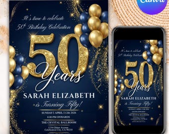 Invitación de cumpleaños número 50, invitación a cena de cumpleaños, invitación de cumpleaños para adultos, invitación de cumpleaños imprimible en azul y dorado, editable en Canva.