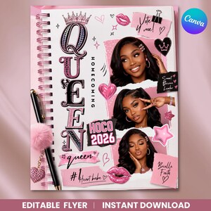 May include: A spiral-bound flyer featuring the word QUEEN in large black and pink letters, the text HOCO 2026, and three photographs of a person. Decorative elements include pink lips, hearts, stars, a crown, and a black pen with a pink pom-pom charm.