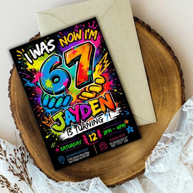 Six Seven Meme Birthday Invitation, 7th birthday invite boy, I Was 6 Now I’m 7 birthday invite, Retro gaming style, Canva Editable