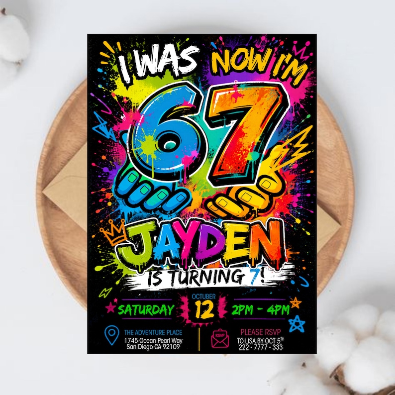 Six Seven Meme Birthday Invitation, 7th birthday invite boy, I Was 6 Now I’m 7 birthday invite, Retro gaming style, Canva Editable