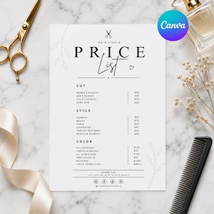 Könnte beinhalten: Eine Preisliste für ein Haarstudio auf weißem Papier mit schwarzem Text, unterteilt in die Bereiche Schnitt, Styling und Farbe. Das Dokument enthält ein Scherensymbol, ein kleines Herz und Social-Media-Symbole am unteren Rand des Blattes.