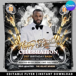 Editable Birthday Flyer Template Digital Birthday Invite Men's Birthday Flyer Black Canva Template Birthday canva Editable