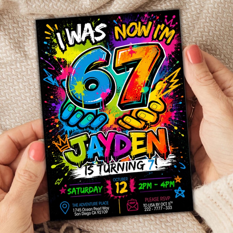 Six Seven Meme Birthday Invitation, 7th birthday invite boy, I Was 6 Now I’m 7 birthday invite, Retro gaming style, Canva Editable