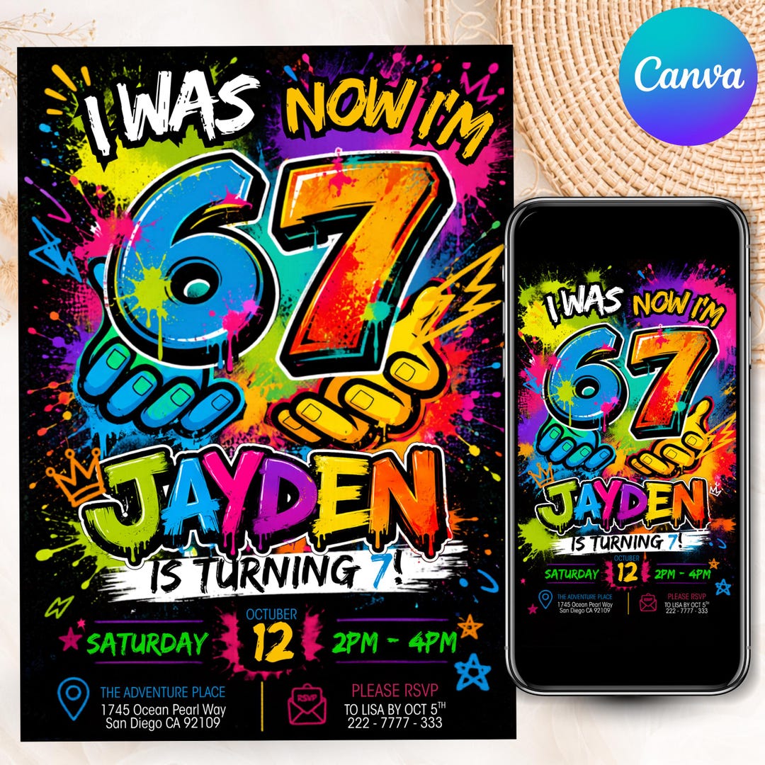 Six Seven Meme Birthday Invitation, 7th birthday invite boy, I Was 6 Now I’m 7 birthday in