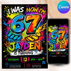 Six Seven Meme Birthday Invitation, 7th birthday invite boy, I Was 6 Now I’m 7 birthday invite, Retro gaming style, Canva Editable