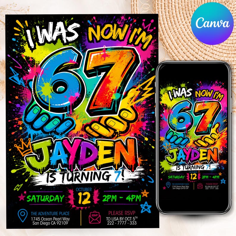 Six Seven Meme Birthday Invitation, 7th birthday invite boy, I Was 6 Now I’m 7 birthday invite, Retro gaming style, Canva Editable