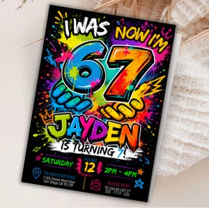 Six Seven Meme Birthday Invitation, 7th birthday invite boy, I Was 6 Now I’m 7 birthday invite, Retro gaming style, Canva Editable