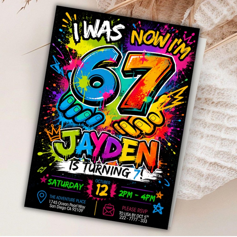 Six Seven Meme Birthday Invitation, 7th birthday invite boy, I Was 6 Now I’m 7 birthday invite, Retro gaming style, Canva Editable