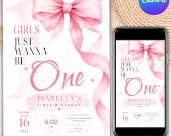 Invitación de cumpleaños con lazo rosa acuarela, Las niñas solo quieren tener UN año, Invitación de niña coqueta con cinta rosa, Elegante lienzo para fiesta de cumpleaños en tonos pastel suaves