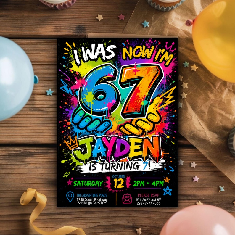 Six Seven Meme Birthday Invitation, 7th birthday invite boy, I Was 6 Now I’m 7 birthday invite, Retro gaming style, Canva Editable