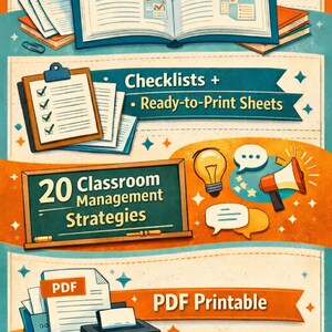 Peut inclure: Graphique illustré avec le texte « 45 pages pratiques », « Listes de contrôle + feuilles prêtes à imprimer » et « 20 stratégies de gestion de classe ». L'image comprend également un presse-papiers, un livre ouvert, une ampoule, un mégaphone, des bulles de dialogue et une imprimante avec un document PDF.