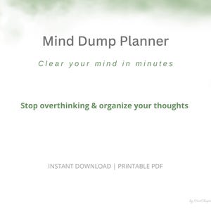 Può includere: Uno sfondo bianco con un bordo verde in stile acquerello. Il testo recita "Mind Dump Planner" e "Clear your mind in minutes". Il testo aggiuntivo recita "Stop overthinking & organize your thoughts". La parte inferiore dell'immagine recita "INSTANT DOWNLOAD | PRINTABLE PDF."