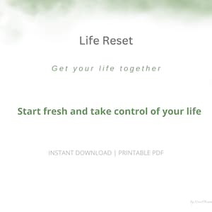 Può includere: Sfondo bianco con accenti acquerello verdi. Il testo "Life Reset" è visualizzato in un carattere grigio scuro. Sotto, in verde, si legge "Get your life together" e "Start fresh and take control of your life."