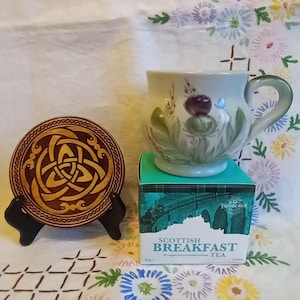Vintage Thistle Tea Cup Gift Set, Scottish Teabags & Celtic Coaster, Scotland gift