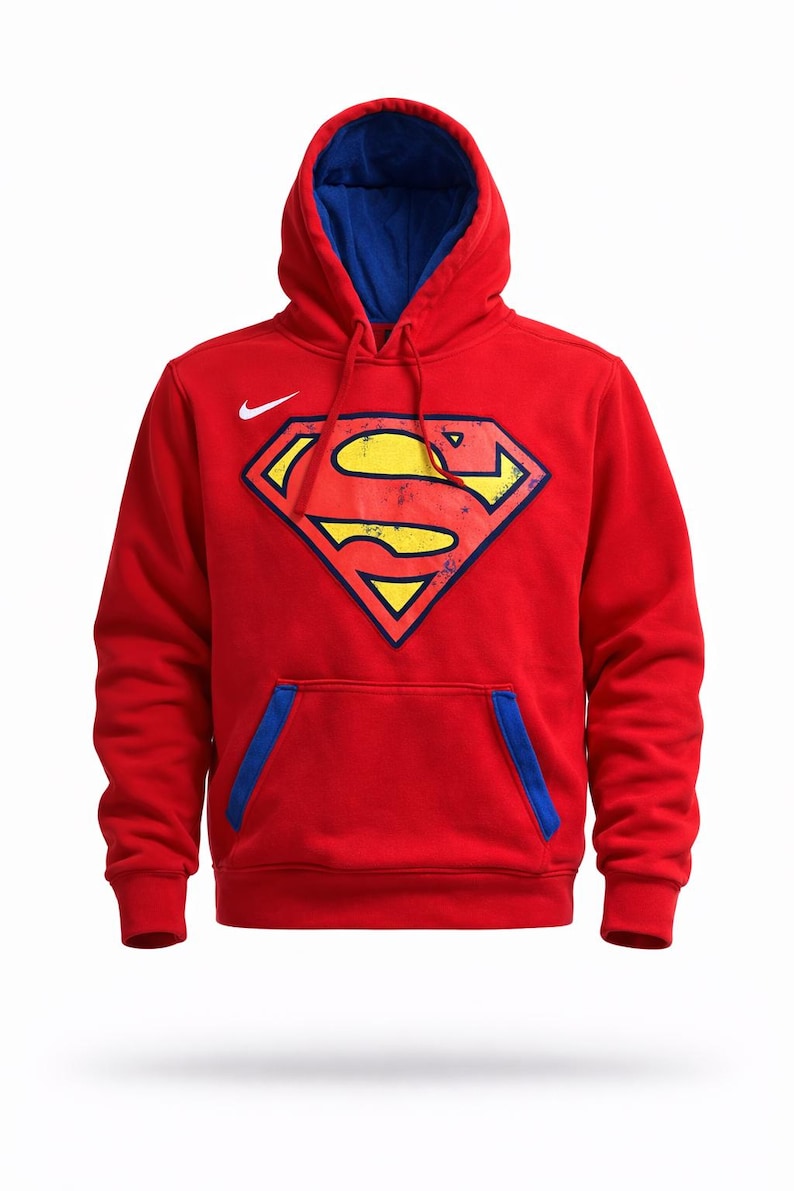 Puede incluir: Sudadera roja con capucha forrada en azul y un gran logotipo de Superman en la parte delantera. El logotipo es amarillo con un contorno negro y un aspecto desgastado. Un logotipo blanco de Nike es visible en la parte superior izquierda del pecho.