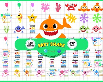 Bundle de cliparts bébé requin : 160 motifs d'anniversaire (SVG, PNG, police de caractères incluse)
