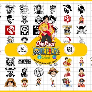 May include: A digital collection of 70 One Piece character designs featuring Monkey D. Luffy in various poses, straw hat emblems, and skull logos. The graphic set includes 301 files in SVG, PNG, EPS, DXF, and PDF formats, displayed on a white grid.