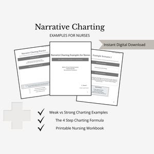 May include: A digital download featuring examples for nurses on narrative charting. The image shows three documents with titles like "Narrative Charting Practice" and "Narrative Charting Examples for Nurses." Text includes "Weak vs Strong Charting Examples" and "The 4 Step Charting Formula."