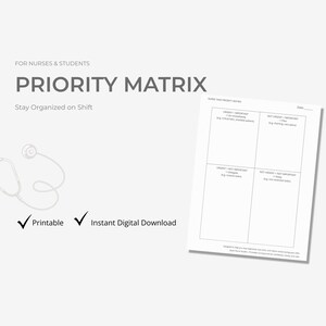 May include: A white printable priority matrix document for nurses and students featuring a stethoscope icon and text that reads FOR NURSES & STUDENTS, PRIORITY MATRIX, Stay Organized on Shift, Printable, and Instant Digital Download.