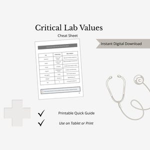 May include: A digital download featuring a medical cheat sheet titled "Critical Lab Values." The image includes a stethoscope, a medical cross, and checkmarks. Text includes "Printable Quick Guide" and "Use on Tablet or Print."