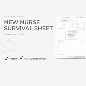 Könnte beinhalten: Ein weißes New Nurse Survival Sheet Dokument mit dunkelgrauem Text und einem Stethoskop-Symbol. Die Seite enthält Abschnitte für Schichtdetails, Patientenaufgaben, Prioritäten, Kommunikation und Notizen. Der Text lautet New Nurse Survival Sheet.