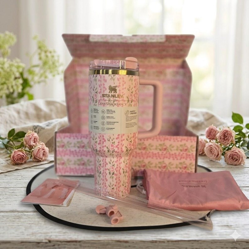 May include: A pink Stanley tumbler with a floral pattern and the text LoveShackFancy, featuring a handle and a clear straw. The tumbler is displayed in an open box with matching floral lining, accompanied by a pink pouch and small plastic components.