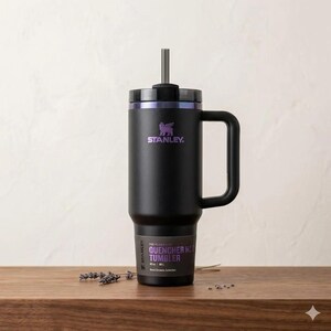 May include: A matte black Stanley Quencher H2.0 FlowState tumbler with a 40 oz capacity. The cup features a large side handle, a matching black lid, a central straw, and purple branding text. A product label at the base displays the name and size.