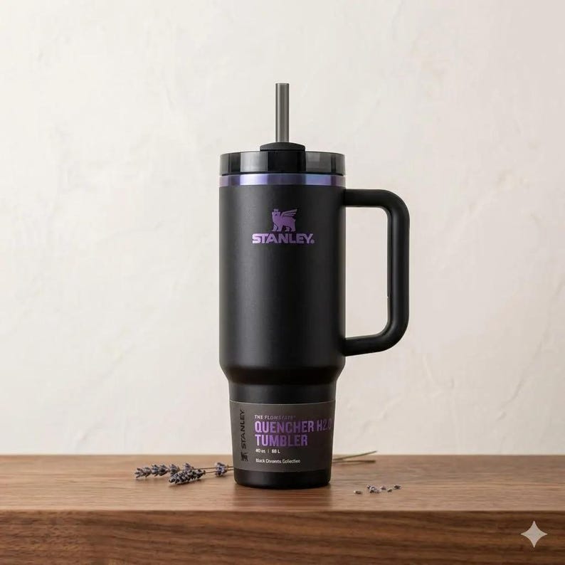 May include: A matte black Stanley Quencher H2.0 FlowState tumbler with a 40 oz capacity. The cup features a large side handle, a matching black lid, a central straw, and purple branding text. A product label at the base displays the name and size.