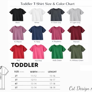 Puede incluir: Una tabla de tallas y colores de camisetas para ni&ntilde;os peque&ntilde;os que muestra doce camisetas de manga corta en negro, blanco, gris oscuro, gris claro, malva, azul marino, frambuesa, granate, rojo, rosa fuerte, verde kelly y verde militar.