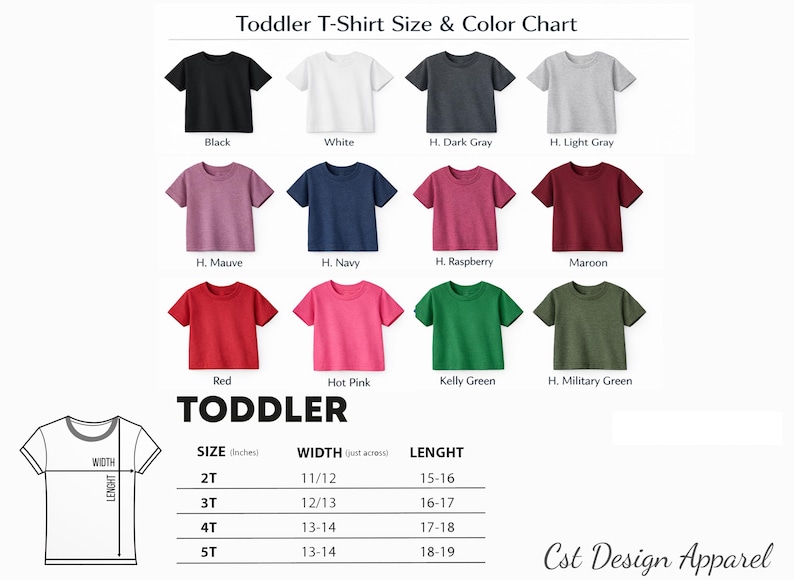 Puede incluir: Una tabla de tallas y colores de camisetas para ni&ntilde;os peque&ntilde;os que muestra doce camisetas de manga corta en negro, blanco, gris oscuro, gris claro, malva, azul marino, frambuesa, granate, rojo, rosa fuerte, verde kelly y verde militar.